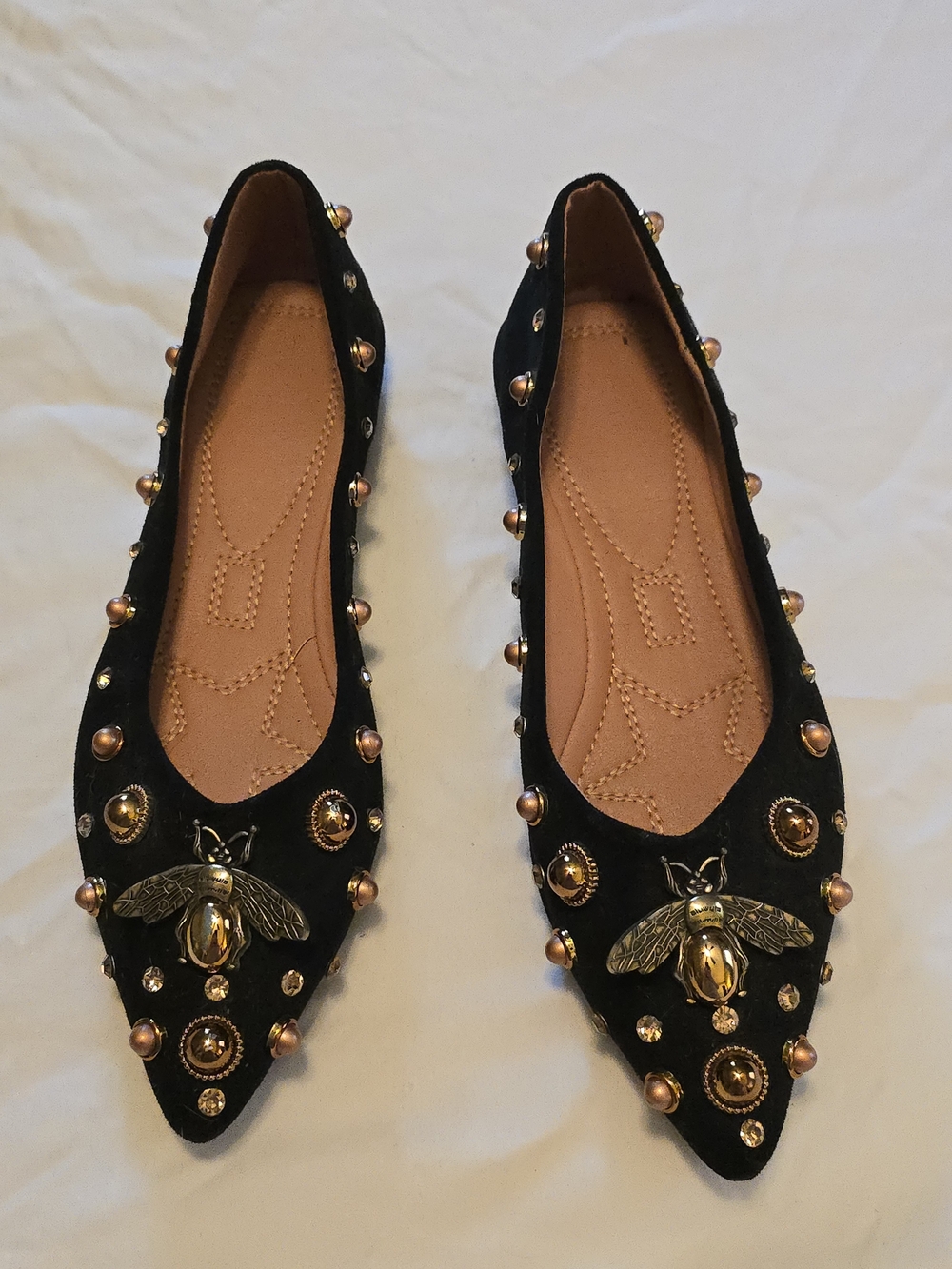 Black Embellished Pointed-Toe Ballet Flats with Gold Bee Accent
